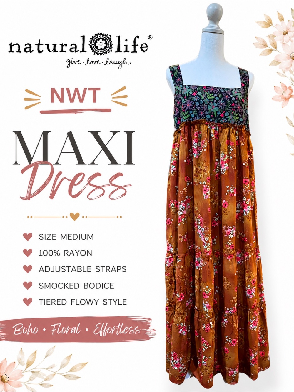 NATURAL LIFE Boho Tiered Floral Maxi Dress with Floral Bodice Side Splits SZ M